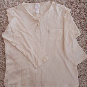 Women's Go Soft 3/4 Inch Sleeve Silk Button V-Neck Ivory Top Size Large Cotton